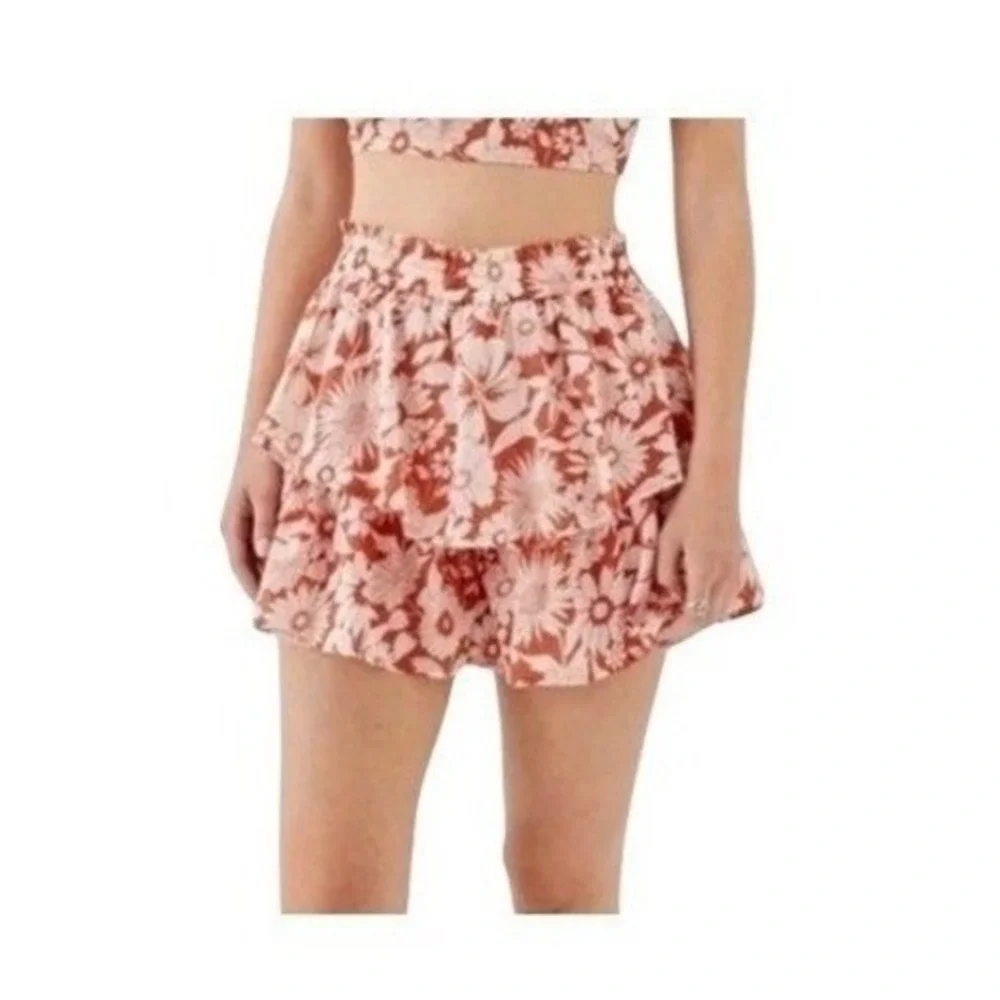 American Eagle Floral Tiered Ruffle Mini Skort‎ Skirt Orange White M